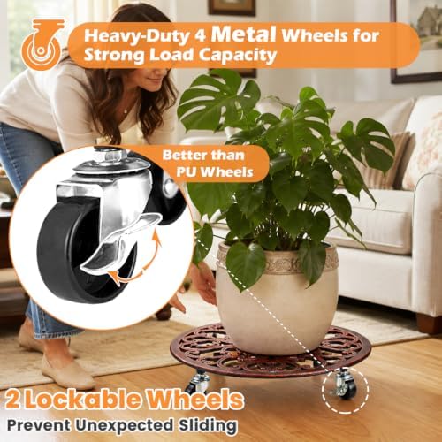 2 Pack Cast Iron Plant Caddy with Wheels Heavy Duty 14 Inch Plant Rollers - Image 2