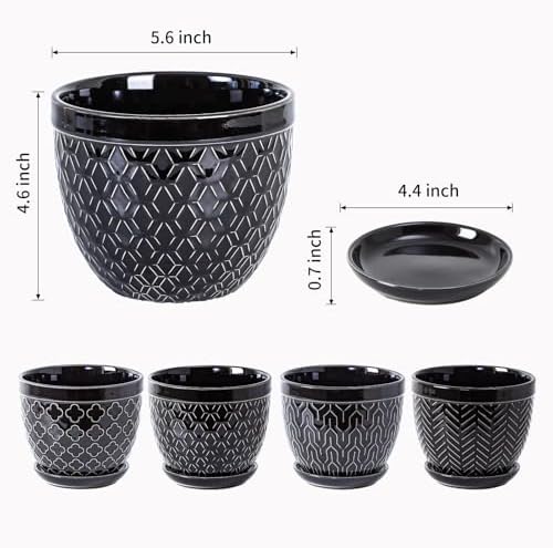 Sureasy Ceramic Indoor Plant Pots - 5.6 Inch Flower Pots for Plants with Drainage Hole and Saucer, Embossed Planter for Succulents, Orchid, Cactus, Indoor Home Decor, Set of 4, Black - Image 3