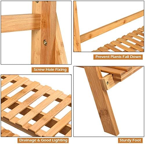 ReunionG 3-Tier Bamboo Plant Stand, Foldable Hanging Flower Plant Shelf, Pot Organizer Display Storage Rack with Adjustable Height Hanger Rod, Planter Ladder Potted Holder for Patio Garden - Image 5