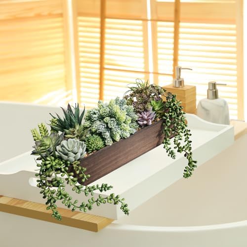 Winlyn Artificial Succulent Arrangement 15" Assorted Succulents Plants in Brown Rectangular Wooden Box Faux Potted Succulents Plant for Farmhouse Home Table Centerpiece Mantel Shelf Kitchen Décor - Image 5