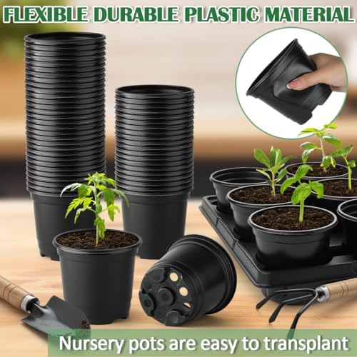RooTrimmer 4 Inch Plastic Plant Pots 60 Pcs and 12 Cell Nursery Pots Trays 5 Pcs, Thick Sturdy Seeds Starting Germination Shuttle Carrying Trays, Black Small Planter Nursery Propagation 5 Sets - Image 4