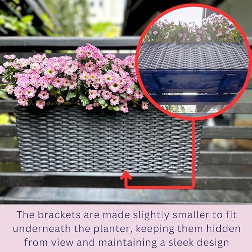 LaLaGreen Outdoor Rail Planter for Balcony (20 Inch, 2 Pack) Large Black Self Watering Deck Railings Planters with Brackets, Rectangular Plastic Fence Flower Box Designer Choice with Rattan Pattern - Image 5