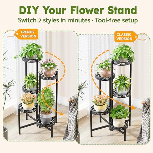 Plant Stand Indoor Outdoor, 5 Tier Corner Metal Flower Display Holder Shelf, Folding Tall Rack for Patio Balcony Porch Garden Living Room House, Heavy Duty Wrought Iron Plant Shelf- BlackWave - Image 4