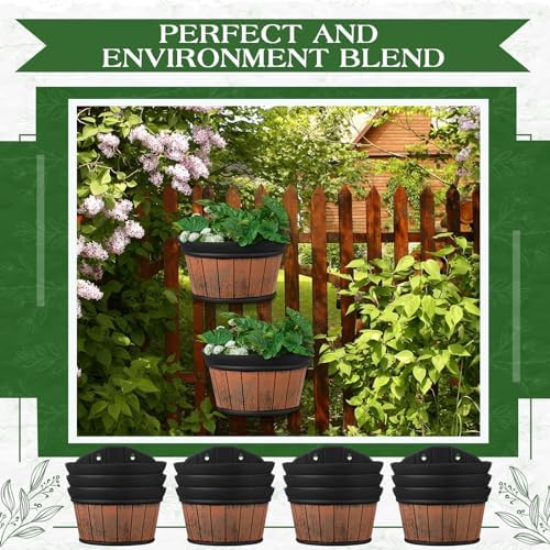 12 Pcs Wall Hanging Planters 10 inch Outdoor Wine Barrel Planter Distressed Oak Thickened Plastic Water Storage Flower Pots for Plants Flower Indoor Outdoor Railing Fence - Image 4