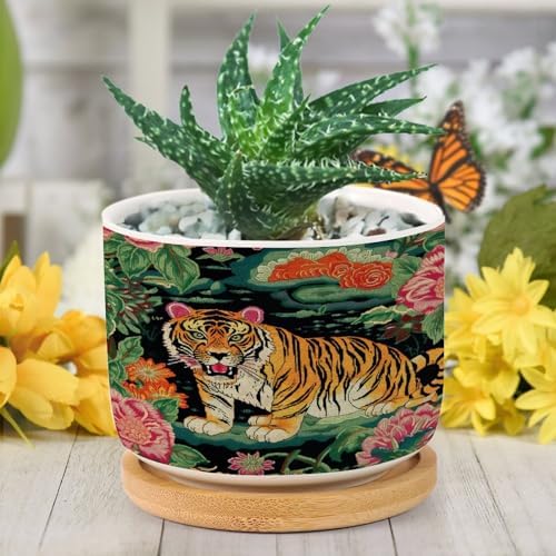 Chinoiserie Tiger Ceramic Planters Green and Turquoise Tiger Stripe Snake Plant Live Indoor with Pot with Drainage Holes and Saucers Pot for Home Office Desk Garden - Image 6