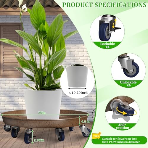 20" Metal Plant Caddy, Heavy Duty Planter Pot Mover with Iron Lockable Wheels and Drain Hole, Large Rolling Dolly Planter Caddy Flower Pot Indoor and Outdoor Flowerpot Tray (1pcs) - Image 3