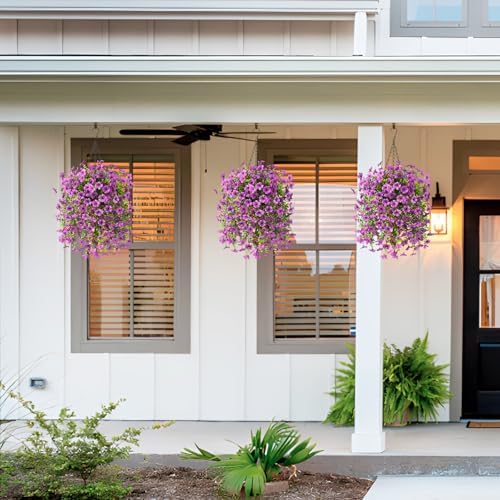 Homsunny Artificial Fake Hanging Plants Flowers Baskets for Outdoor Outside Spring Decor,Faux Silk Daisy UV Resistant Look Real Summer Decorations for Home Porch Patio Yard Garden(Purple - Image 6