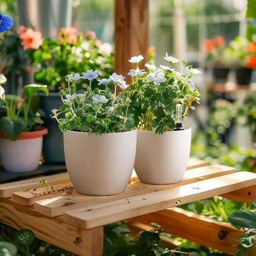 T4U 4 Pcs Pot à Réserve d'eau Rond en Plastique Blanc 18 cm, Pot de Fleurs d’Extérieur et d'Intérieur avec Indicateur de Niveau d'eau Convient aux Jardins de Balcon - Image 6