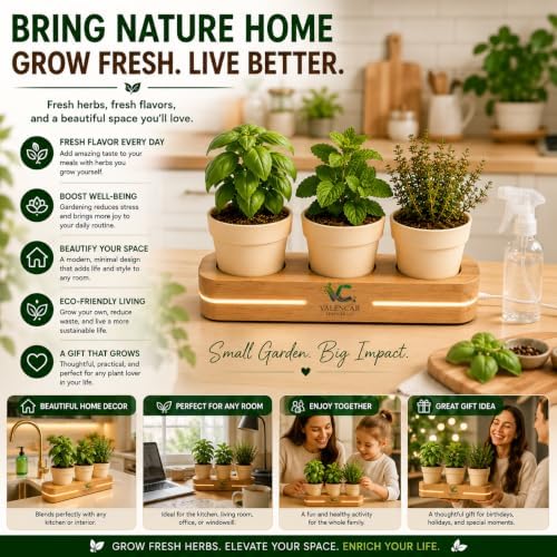 Wooden Indoor Herb Garden Kit with LED Grow Light - Modern Countertop Planter for Kitchen Decor, Unique Gardening Gift for Women & Beginners, 3 Pot Indoor Planting Starter Set - Image 5