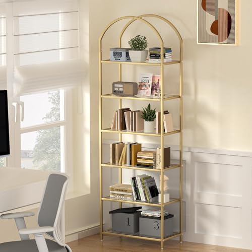 Homhedy 6-Tier Tall Gold Bookshelf, Arched Bookcase with Glass Shelves - Image 7