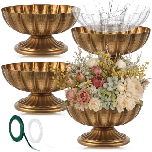 4 Pcs Metal Compote Vase, Floral Centerpiece Bowls, Gold Bronze by Unknown