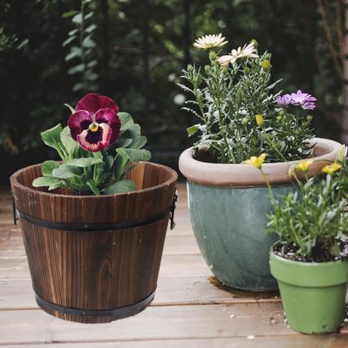 Vaguelly Rustic Wooden Barrels Planters Whiskey Barrels Bucket with Handle, Flower Planter Plant Pots Container Water Wishing Well Pail Garden Backyard Outdoor Indoor Decor - Image 2