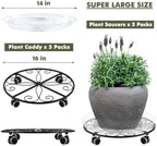 5 Pack Plant Caddy with Wheels Heavy Duty 16 Inch Large Metal Plant Stand with Wheels Plant dolly Rolling Plant Stand Plant Roller with Casters for Indoor and Outdoor with 5 Pack Plant Saucers, Black - Image 3