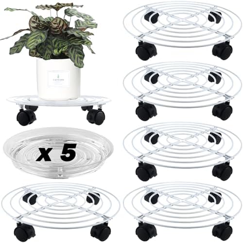 5 Packs Metal Plant Caddy with Locking Wheels 11.8 Inches Heavy-duty Wrought Iron Rolling Plant Stands with Casters Plant Dolly Plant Roller Base for Indoor and Outdoor Plant Pot Movers Saucers White by Planterhoma