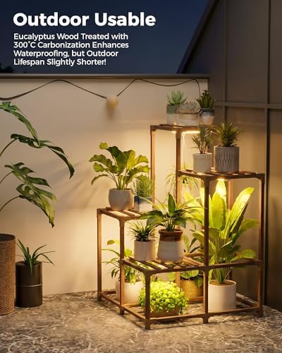 Bamworld 4-Pot Plant Stand with Grow Light Indoor Outdoor Corner Shelf Plant Holder Flower Stand Wood Plant Rack Indoor Multiple Plants Patio Balcony Garden Living room - Image 6