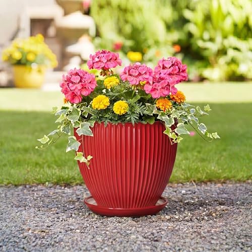 10 Inch Plant Pot, Ceramic Planters with Saucer, Red - Image 5
