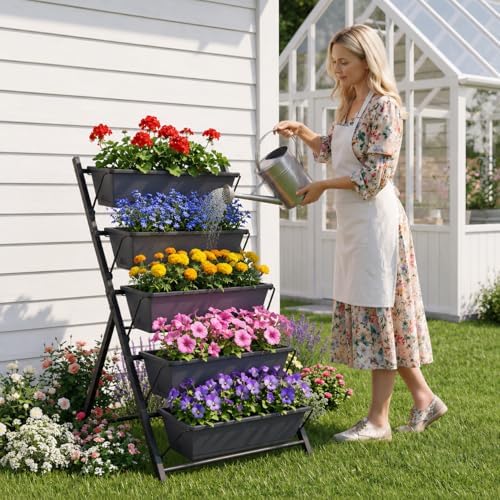 GIANTEX 5 Tier Vertical Planter Set of 2, Raised Garden Bed with Drainage Holes & Removable Trays, Metal Frame Elevated Planter Boxes for Herbs Vegetables Flowers, Indoor Outdoor Patio Balcony - Image 7
