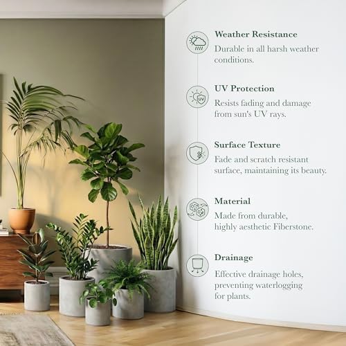 DTY Mount Powell 13.8" D x 13.8" H (Pot Opening 10.6") Fiberstone Cylindrical Planter with Drainage Hole, Weather Resistant for Indoor & Outdoor Use, Includes 2 Extra Coco Mats - Gray, Large - Image 2