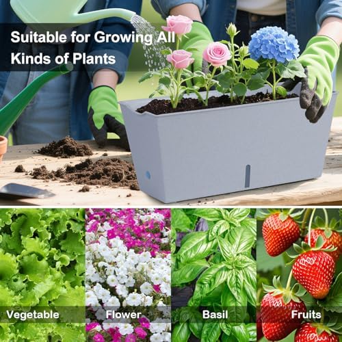 Window Box Planter 6 Pcs, 16.5 Inches Self Watering Rectangle Flower Plant Pots with Drainage Holes Trays, Vegetable Planters for Windowsill Patio Garden Balcony Porch Yard (Grey) - Image 7