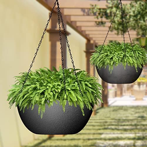 WOUSIWER 13 inch 2Pack Large Hanging Planters for Outdoor Indoor Plants with Drainage Holes and Chain, Round Hanging Flower Pots for Garden Home Porch Decor, Black - Image 4