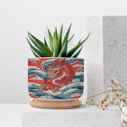 Dragon Chinoiserie Planters Ceramic Asian Inspired Round Flower Pots with Drainage Holes and Bamboo Tray Pot for Home Desktop Office Windowsill - Image 7