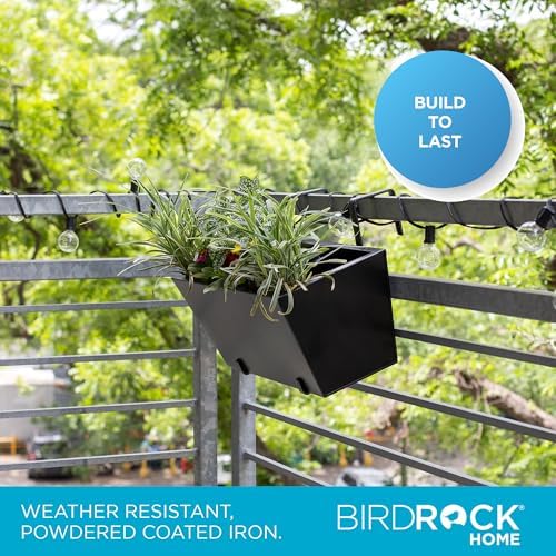 BIRDROCK HOME 2pk Metal Railing Planter Box | Flower Boxes for Deck Railings | Adjustable Rail Hanging Bracket | Black Balcony Boxes | House Apartment Plant Pot - Image 2