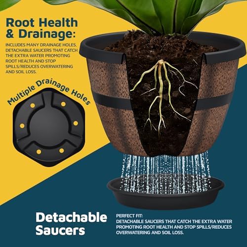 10-Inch Whiskey Barrel Planters Outdoor Pack of 6, Plastic Decoration Plant Pots for Indoor & Outdoor Use with Drainage & Saucer, Rustic Garden Planters for Flowers, Small Plants & Herbs - Image 4