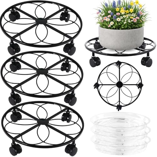 3 Packs 12 inches Metal Heart Outdoor Plant Caddy with Wheels Large Rolling Plant Stands Rolling Plant Dolly Heavy-Duty Plant Roller Base Movers for Indoor and Outdoor by DEELF+OUTLET