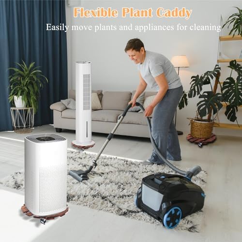 4 Pack Plant Caddy with 5 Wheels, Wood Rolling Plant Stand 220 LB Heavy Duty, Plant Dolly with Metal 360° Lockable Caster Wheels for Outdoor Indoor Large Plant Pots, Flower Pot, Patio (14"+14"+12"+12") - Image 6