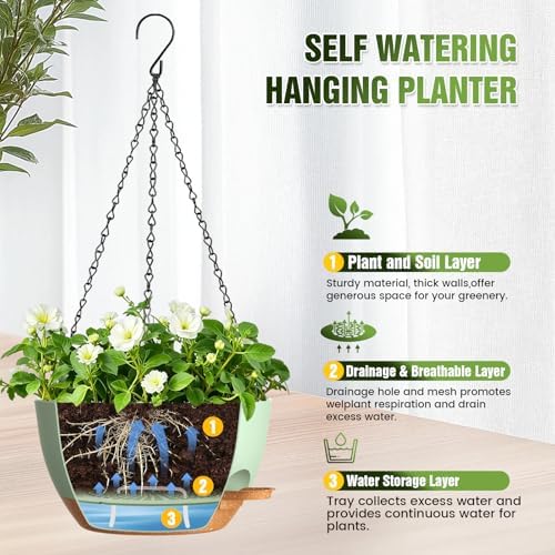 13 Inch Large Self Watering Hanging Planters 2 Pack with Saucers - Image 6