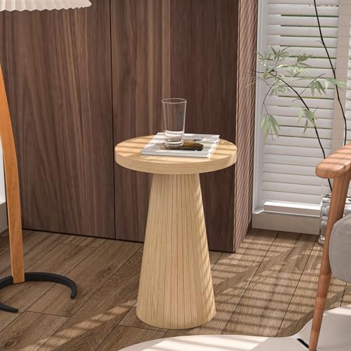 Small Round Pedestal Side Table, Wooden End Table for Living Room, Fluted Drink Table for Small Space, Modern Plant Stand Accent Table for Sofa Couch, 13.6 inch (Wood) - Image 5