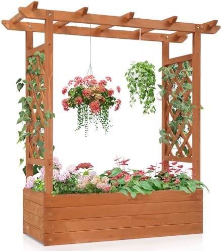 Outvita Raised Garden Bed with Trellis, Wood Planter Box with Hanging Roof, Side Trellis and Drainage Holes, Above Ground Elevated Garden Bed for Outdoor Climbing Plants Vines Vegetables (Teak Color) by Outvita