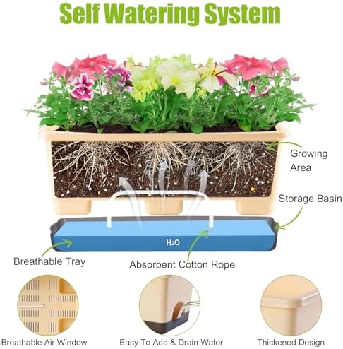 Oliz Window Box Planter 8 Pcs, 17 Inches Rectangle Flower Pots with Drainage Holes & Trays, Vegetable Planters for Windowsill Patio Garden Balcony Home Indoor Outdoor (Barley Yellow, 16 * 7 * 6 inch) - Image 6
