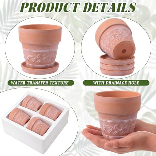 Maxdot Set of 6 Embossed Succulent Pots 4" Small Terracotta Pot, Leaf Style - Image 3