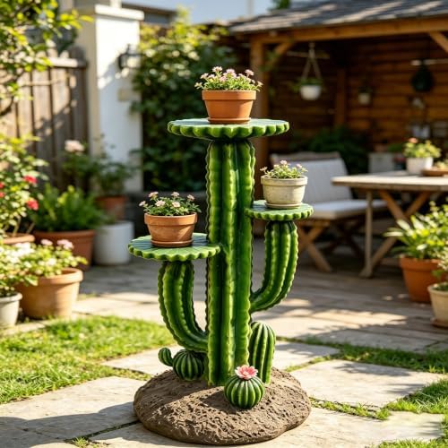 32" Resin Saguaro Cactus Plant Stand w/3 Shelves Outdoor Garden Decor Rack by FoinFun