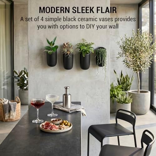 MyGift 7.5 Inch Wall Mounted Modern Matte Black Ceramic Cylindrical Plant Containers, Floating Succulent or Herb Planter Pots, Vertical Hanging Flower Vases, Set of 4 - Image 3