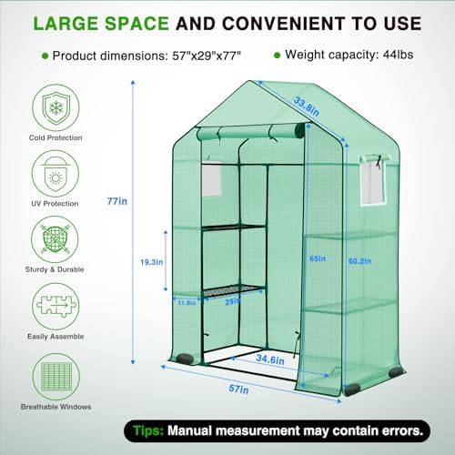 Yesker Greenhouse 57"x29"x77" Walk in Green House - Large Outdoor/Indoor Greenhouses with 4 Shelves Waterproof PE Cover & Windows, Portable Greenhouse Kit for Winter Backyard Gardening Patio, Green - Image 2