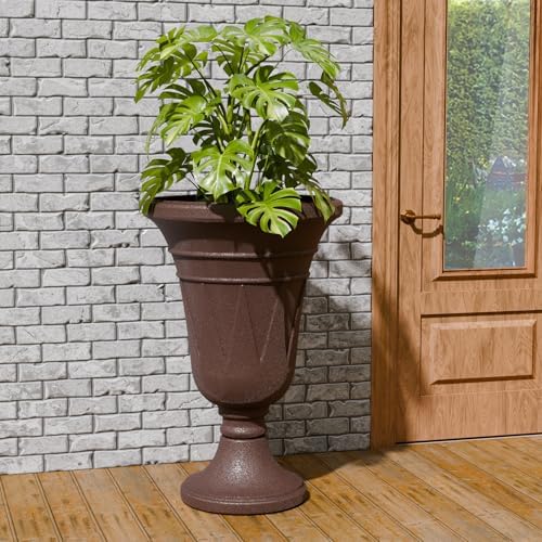 Tall Plastic Urn Planters and Pedestal - 24" Outdoor Planter Brown - Image 6