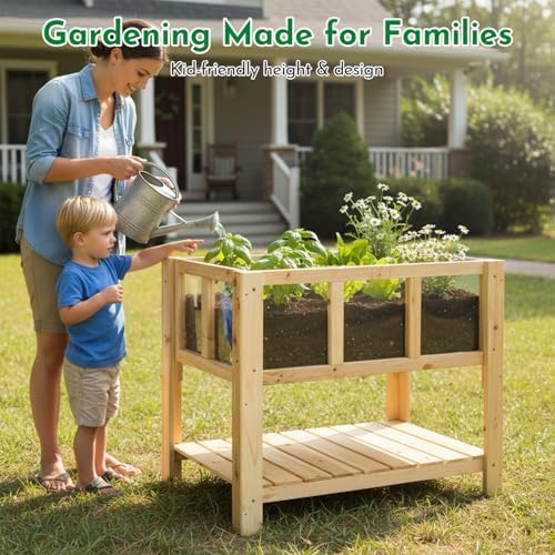 ketive Raised Garden Bed with Transparent Acrylic Side Panels, Elevated Wooden Planter Box with Shelf for Vegetables, Herbs & Flowers,Outdoor Raised Garden Planter for Patio, Balcony & Backyard - Image 4