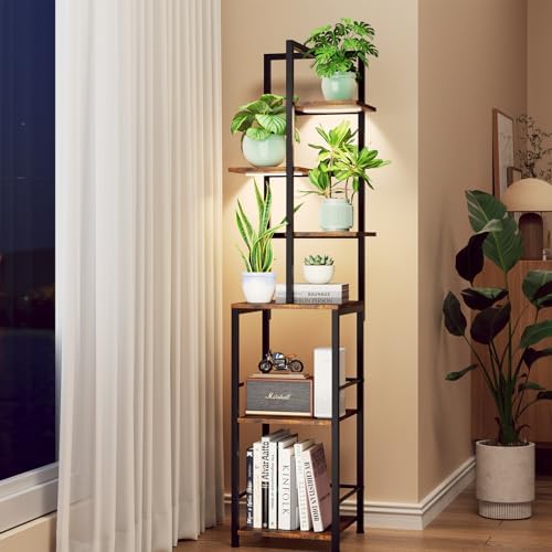 Plant Stand Indoor with Grow Light, 6-Tiered Tall Plant Stand Indoor, Metal Plant Shelf with Bookshelf Bookcase and Adjustable Light, Ideal for Living Room, Reading room, Garden, Patio (Brown) by Homsorout