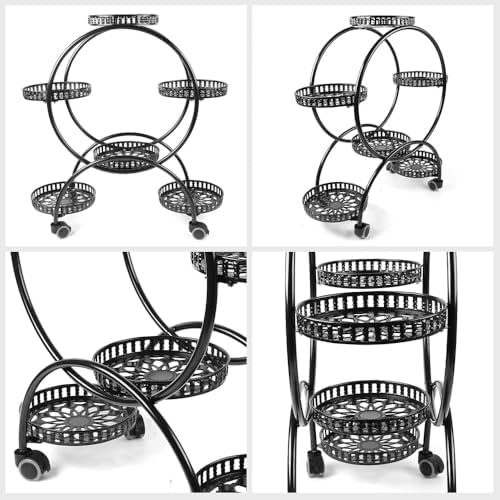 4 Tier Metal Plant Display Rack,4 Tier Tall Plant Stand with 4 Wheels Indoor Outdoor Round Flower Stand 6 Flower Pot Holder Display for Patio Garden Corner Balcony Living Roomv (Black, Six trays) - Image 6