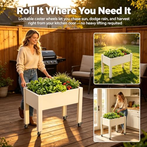 Elevated Raised Garden Bed with Wheels，74" Planter Outdoor Plants,White - Image 4