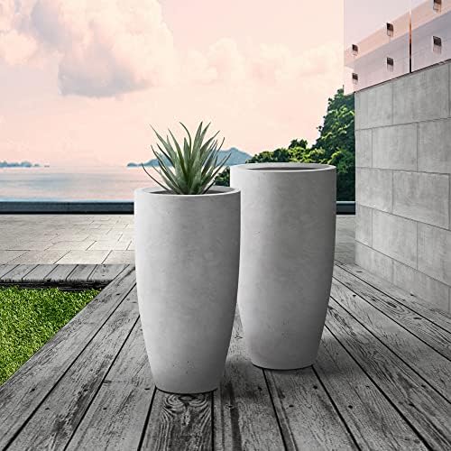 Kante 23.6" H Natural Concrete Tall Planters Two Pack, Large Outdoor Indoor Garden Plant Pots with Drainage Hole and Rubber Plug, Modern Decor for Home and Garden - Image 3