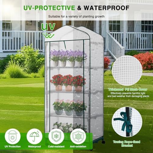 Yesker Mini Greenhouse 27"x20"x63" Portable Indoor / Outdoor Small Green House with 4 Tier 4 Shelves Wheels Thicken PE Cover Compact Greenhouses Kit for Winter Gardening Balcony Patio Backyard, White - Image 4