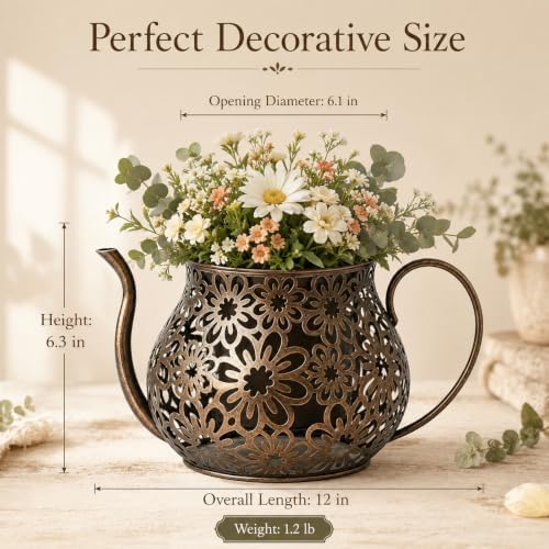 Antique Metal Teacup Planter for Outdoor Plants Teapot Planter Floral Hollow Out Decorative Rustic Iron Flower Pot for Summer Garden Patio Home Decor (Bronze) - Image 4