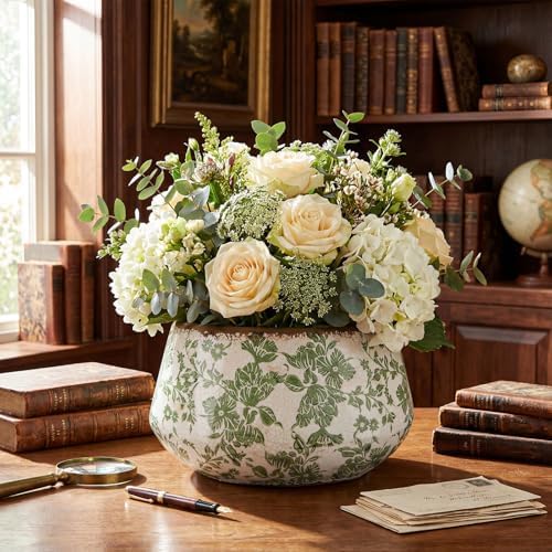 9.8 Inch Large Vintage Ceramic Planter Ice Crack Glaze Green Chrysanthemum Floral Flower Pot with Drainage Rustic Decorative Plant Pots Gifts for Home Kitchen Office Indoor Outdoor Plants - Image 5