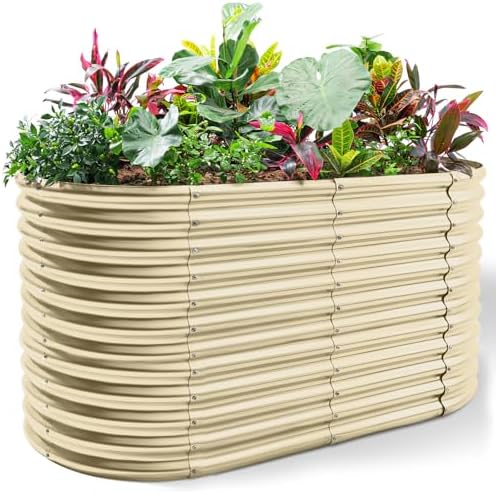 Land Guard 8x4x3ft Oval Galvanized Raised Garden Beds, Large-Capacity Metal Planter Box Outdoor, Durable Deep Raised Garden Bed 3ft Tall, Raised Beds for Gardening Vegetables, Cream Yellow by LandGuard