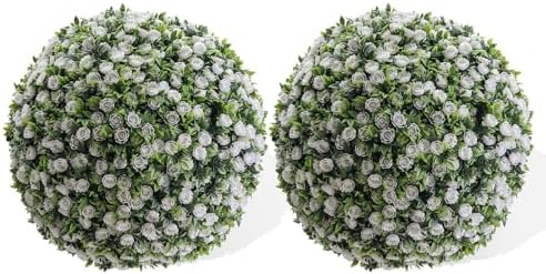 21.6 Inch Artificial Hanging Topiary Balls Set of 2, Faux Flower Balls for Garden Patio Wedding Valentine's Day Decor, Outdoor Indoor Hanging Decorations for Porch Front Door Party, White by Unknown