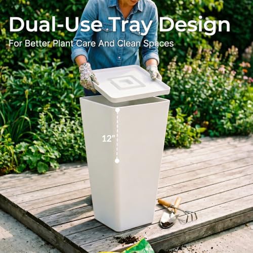 KOL Planters for Outdoor Plants, 28 Inch Tall White Flower Pots 2 Pack, Large Plastic Plant Pots with Drainage Hole and Dual-Purpose Tray, Decorative Indoor Planter for Front Porch Patio Garden - Image 3