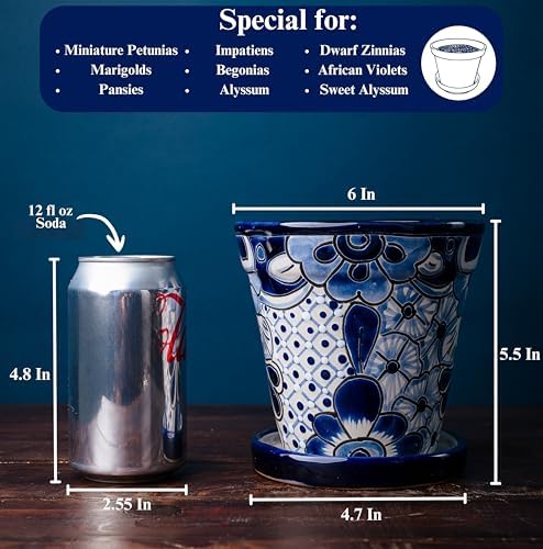 Talavera Planter - Mexican Ceramic Pot with Drainage (White & Blue-Medium) - Image 3